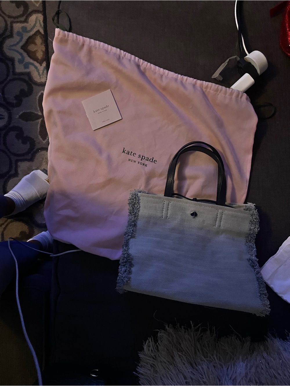 kate spade gray fringed tote with black handles